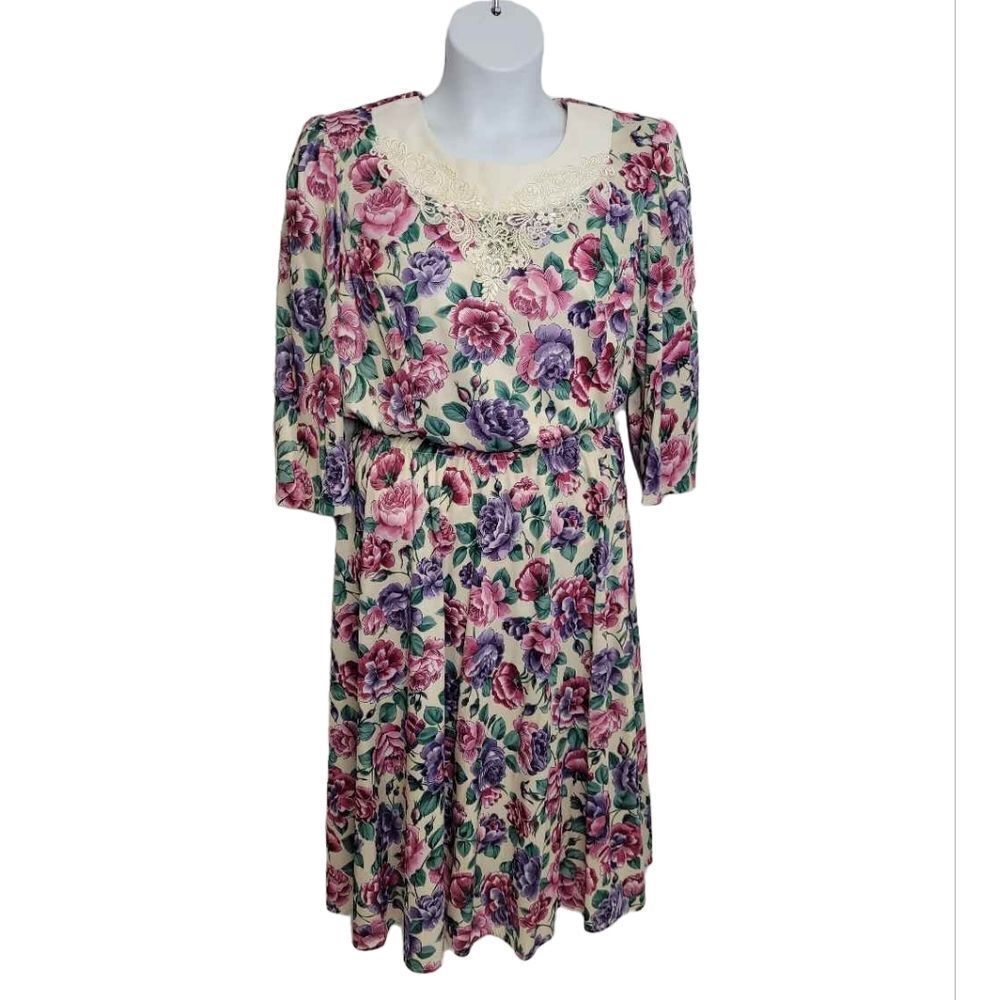 VINTAGE 90s two piece skirt set purple pink floral lace collar XL